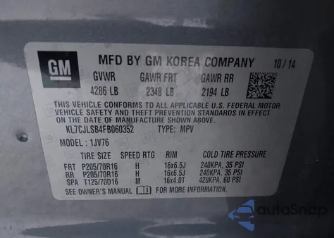 2015 Chevrolet Trax Lt from USA, damaged, VIN KL7CJLSB4FB060352